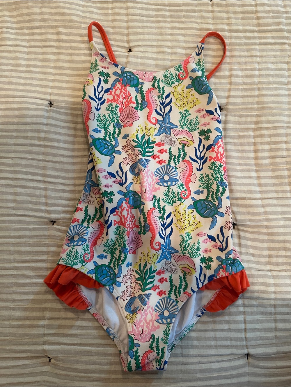 Mini Boden One-Piece Swimsuit in Coral Reef Print with Orange Straps